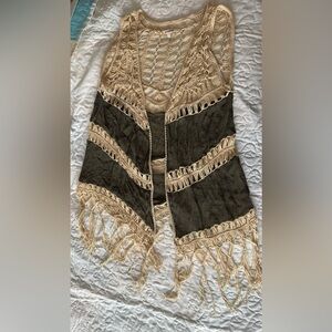 Boho Fringe Vest in Olive and Cream